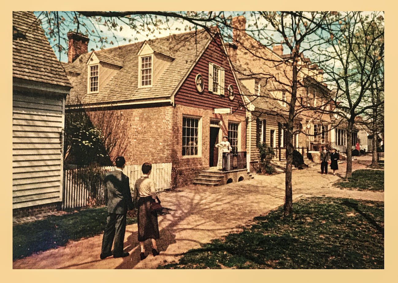 A street of restored colonial buildings in Colonial Williamsburg, Virginia